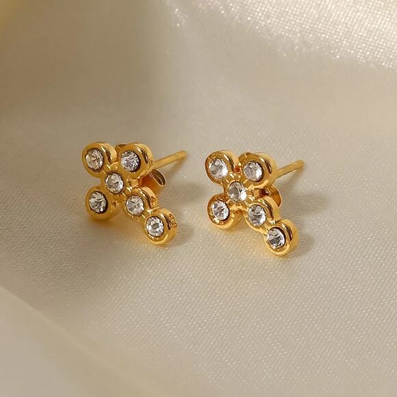 Zircon Cross Stud Earrings 18K Gold Plated‎ Minimalist - Picture 5 of 7